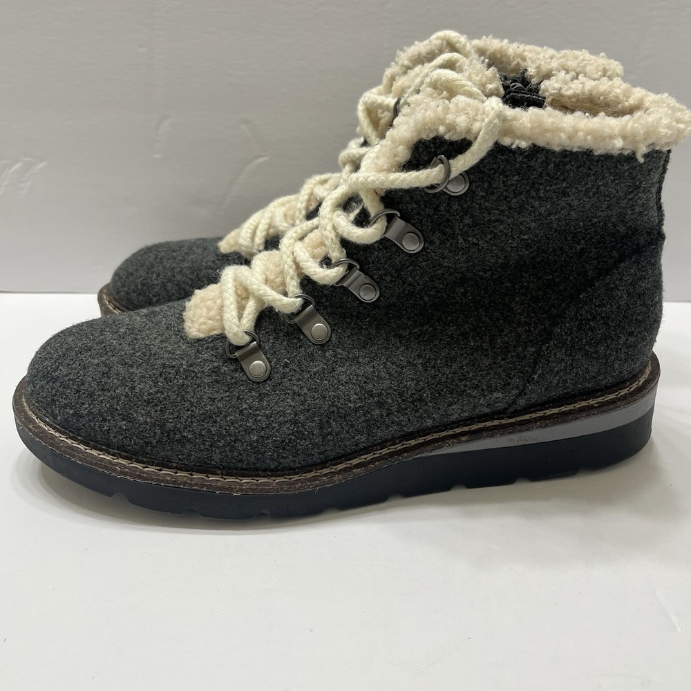 Madden NYC Dk Gray Flannel Hiking Boots Sherpa Lining Lace-Up Women's 9 Side Zip